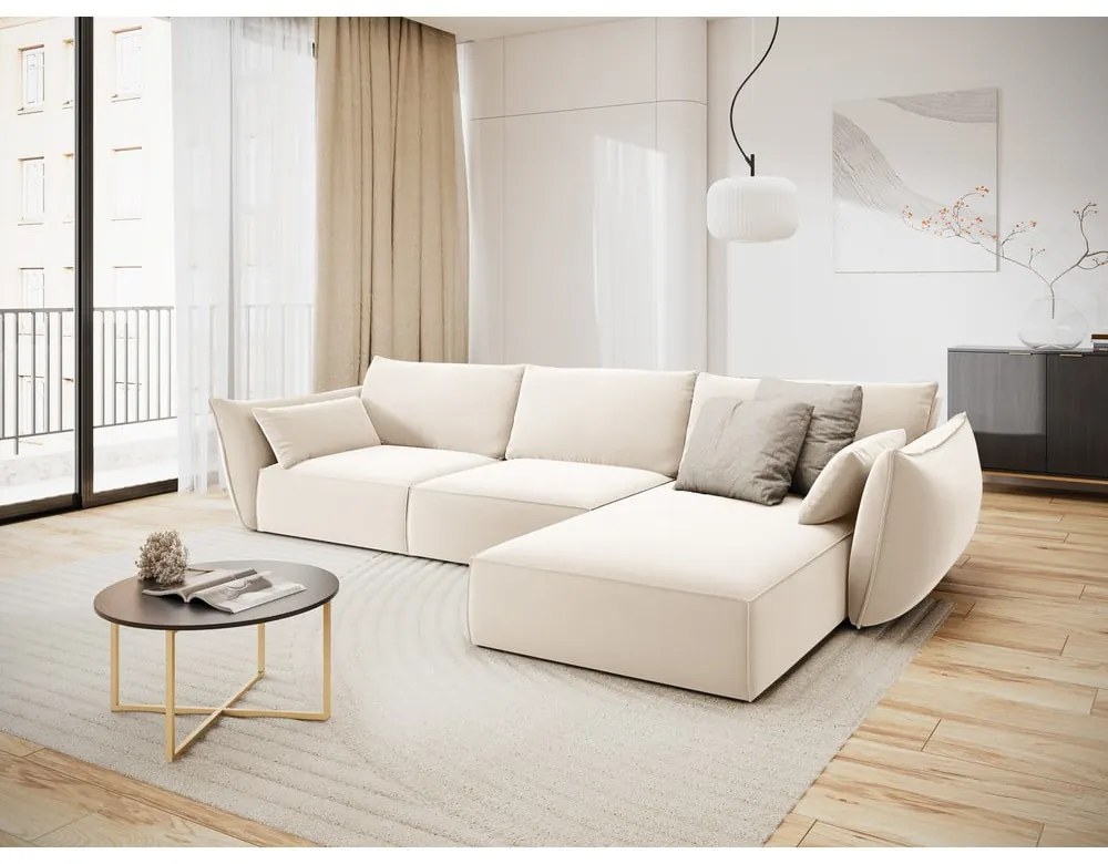 Beżowy aksamitny narożnik (prawostronny/z szezlongiem) Vanda – Mazzini Sofas