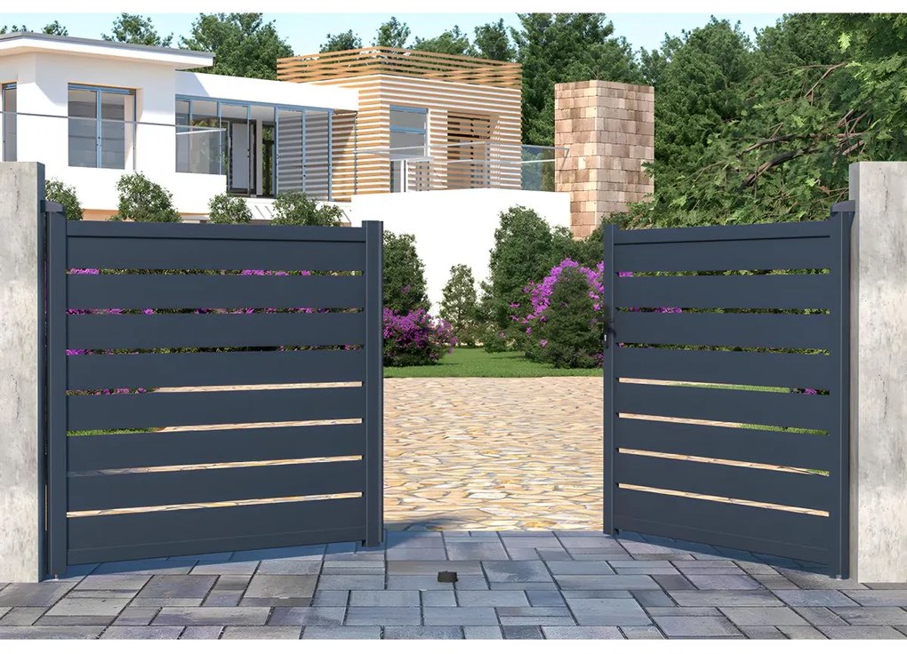 Brama wjazdowa rozwierna PRIMO, ażurowa, z aluminium w kolorze antracytowym – 350 × 158 cm (szer. × wys.)
