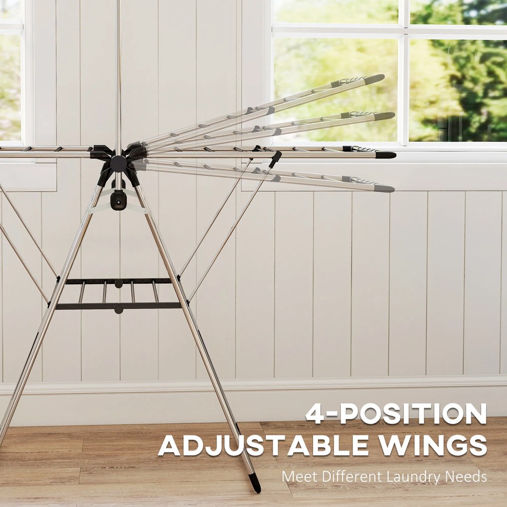 HOMCOM Suszarka na pranie składana stojąca suszarka z regulowanymi skrzydłami, uchwytami na buty, stal nierdzewna, 156,5 x 68 x 192 cm, srebrny