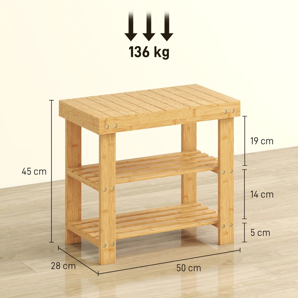 HOMCOM Ławka na buty z bambusa, regał na buty z 2 półkami, siedzisko, do przedpokoju, 50x28x45cm, naturalna