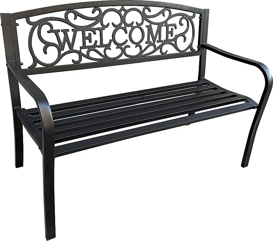 Czarna ławka ogrodowa IRYS ze stalowymi nogami i żeliwnym oparciem szerokość 127 cm