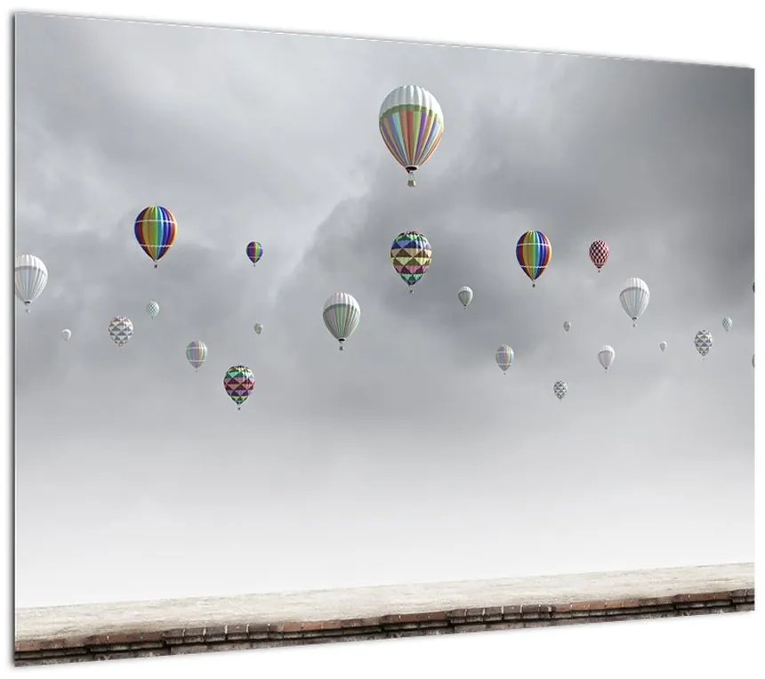 Obraz na szkle - Balony nad ceglaną ścianą (70x50 cm)
