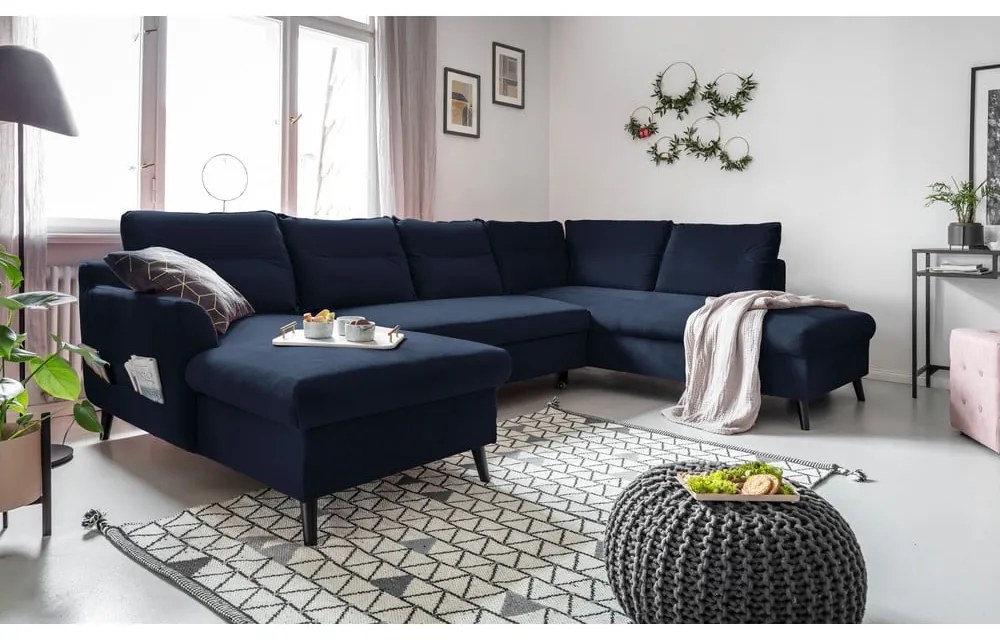 Ciemnoniebieska rozkładana sofa w kształcie litery "U" Miuform Stylish Stan, prawostronna