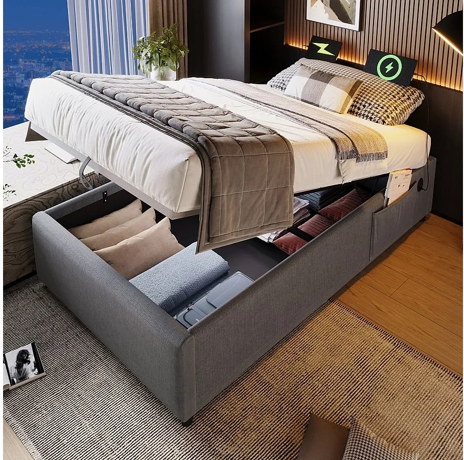 Łóżko z pojemnikiem 90 x 200 cm - Łóżko dziecięce z portem USB i kieszenią do przechowywania - szary len - bez materaca
