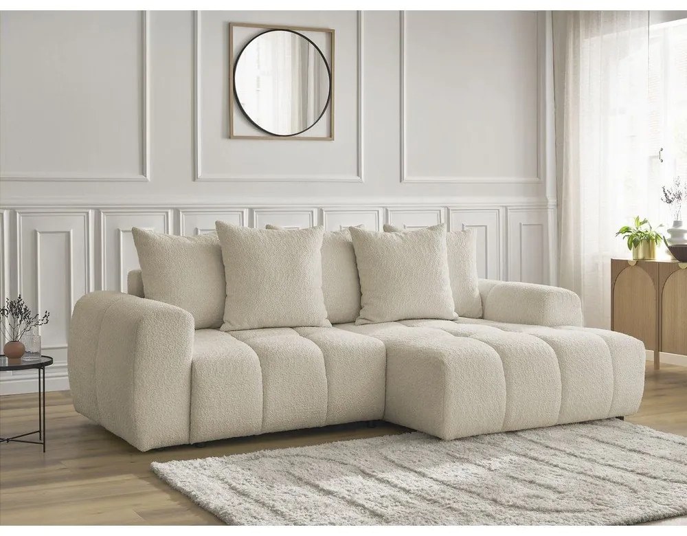 Beżowy rozkładany/ze schowkiem narożnik z materiału bouclé (prawostronny/z szezlongiem) Roxelane – Bobochic Paris