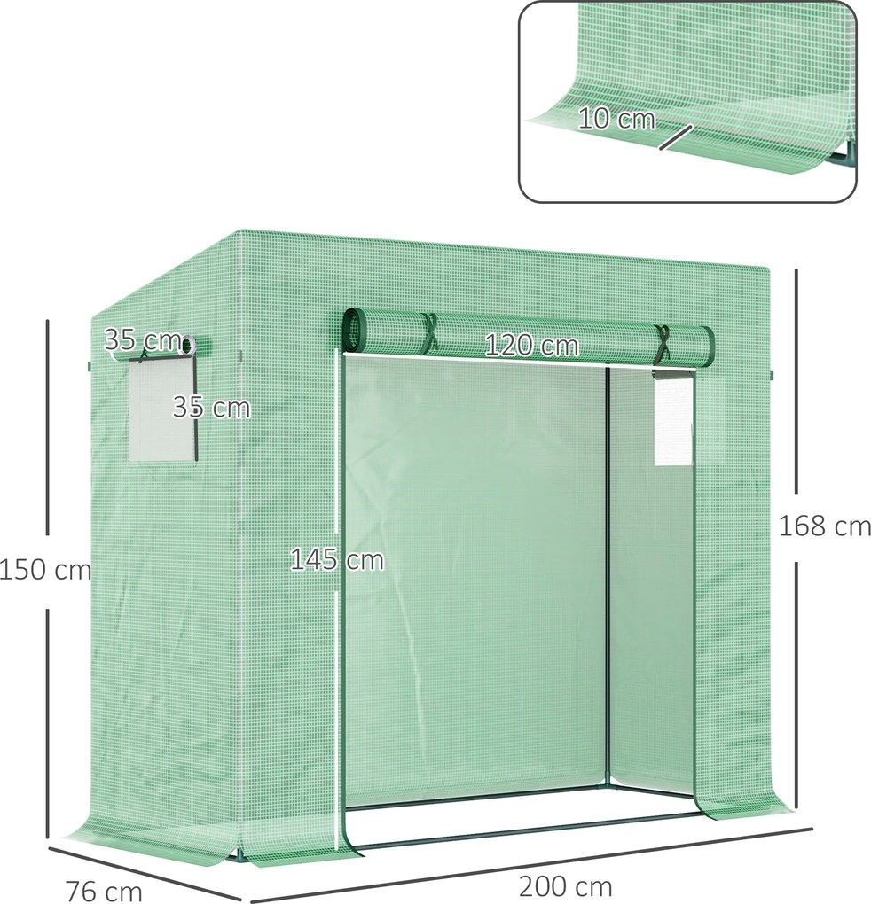 Outsunny Foliowa Szklarnia, Szklarnia z Drzwiami Rolowanymi, Bocznym Oknem, dla Ogrodu, ze Stali, Tworzywa Sztucznego, 200 x 76 x 168 cm, Zielona