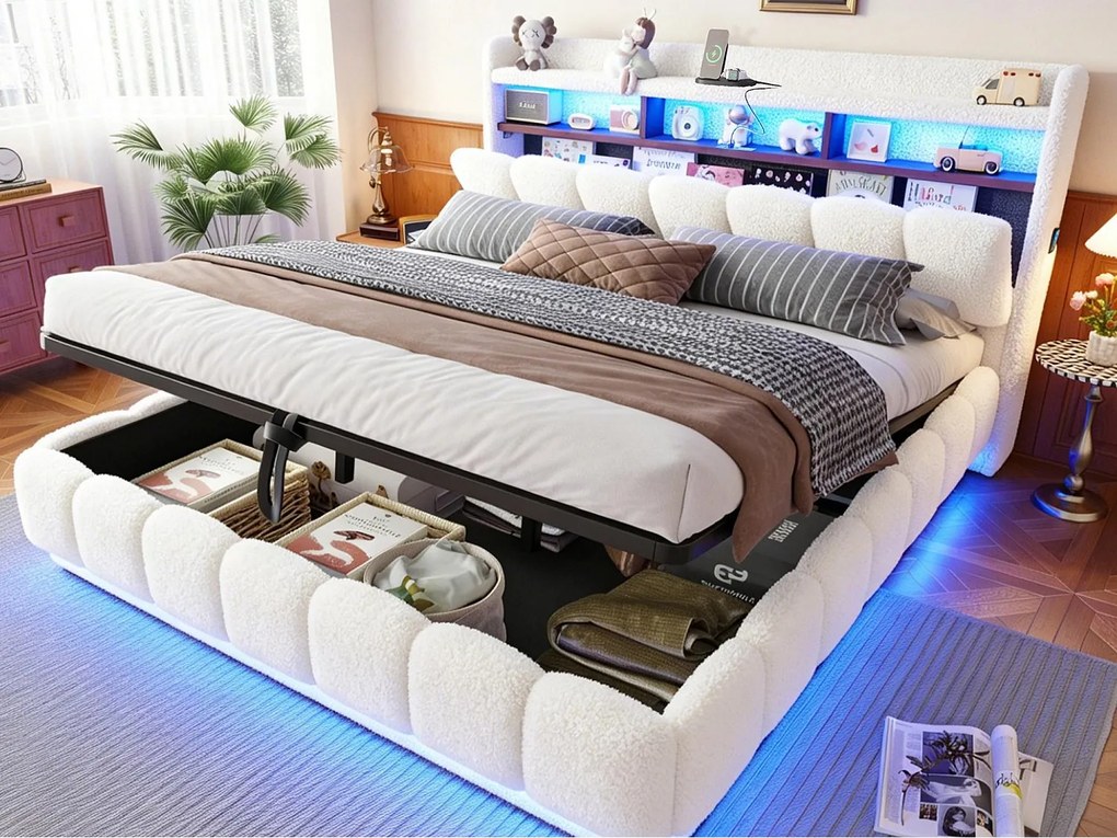 Łóżko skrzyniowe tapicerowane 180x200 cm - z oświetleniem LED - z portem USB - Białe (materac nie wliczony w cenę)
