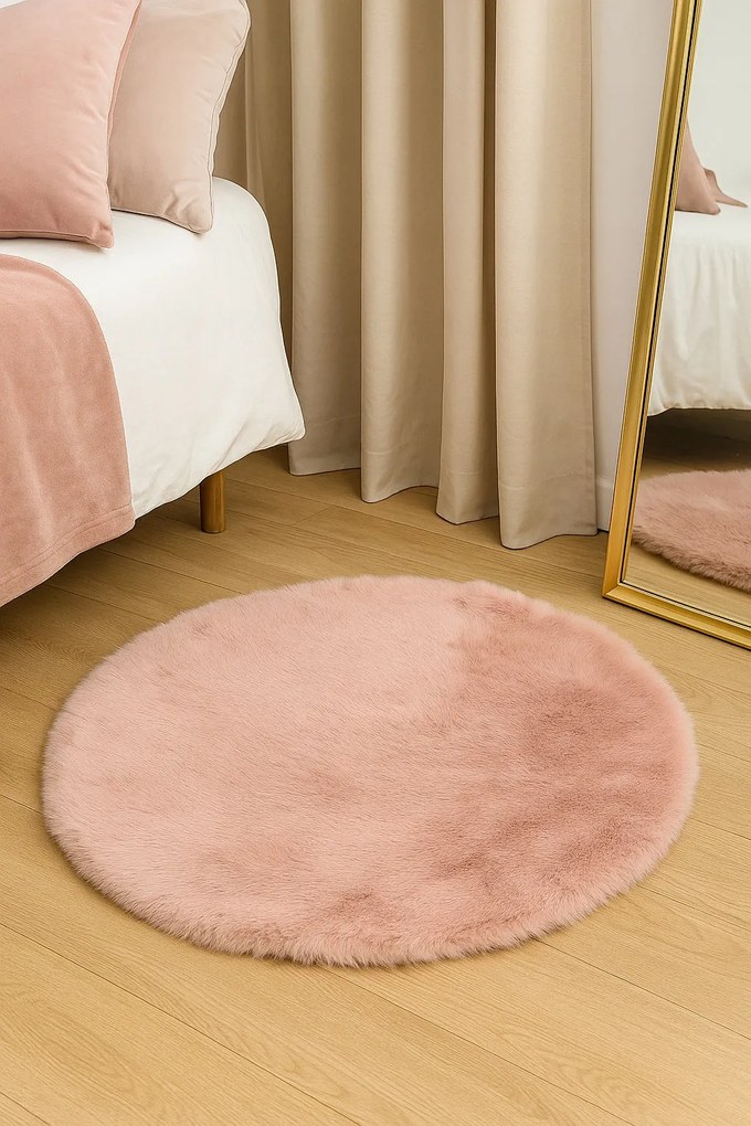 Dywanik Futrzany Okrągły FI 80cm Różowy Puszysty Dekoracyjny Antypoślizgowy