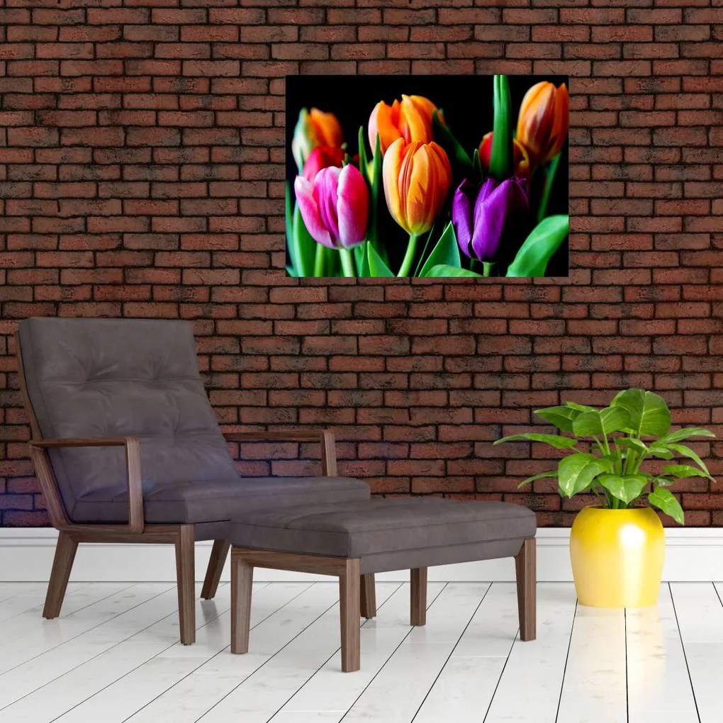 Obraz na szkle tulipanów na czarnym tle (70x50 cm)