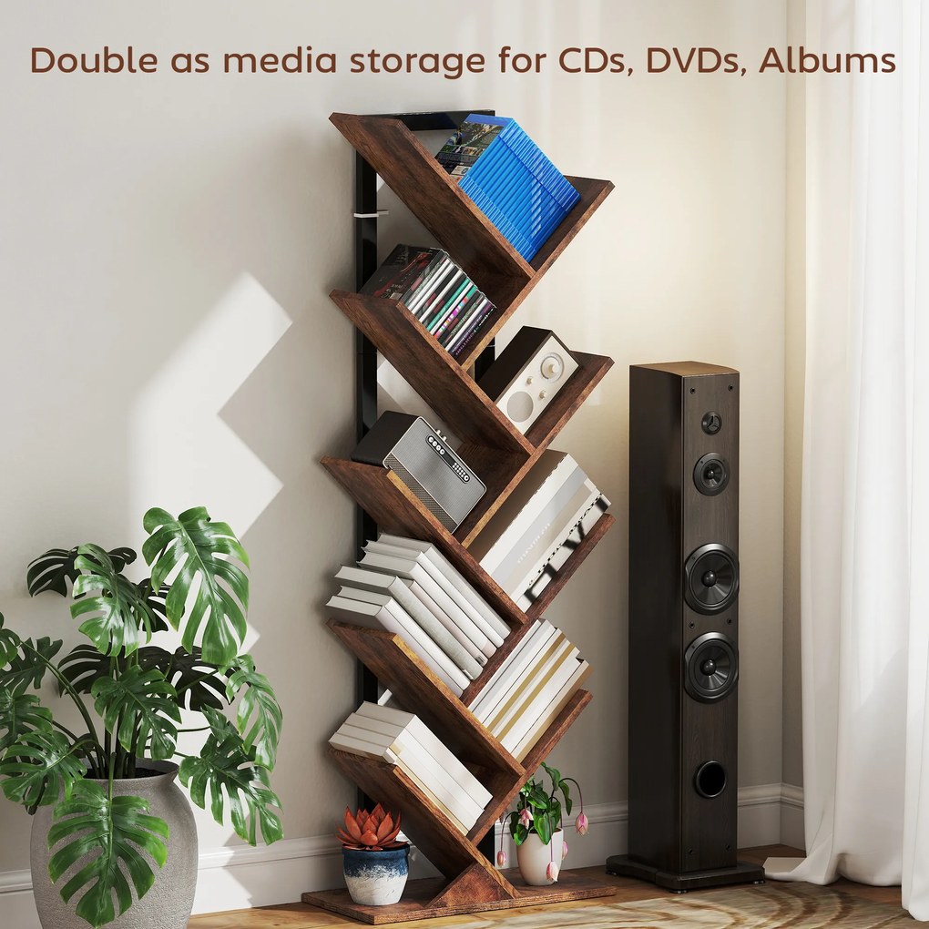 HOMCOM Regał stojący z 9 poziomami, wąski regał w kształcie drzewa do biura, rustykalny brązowy