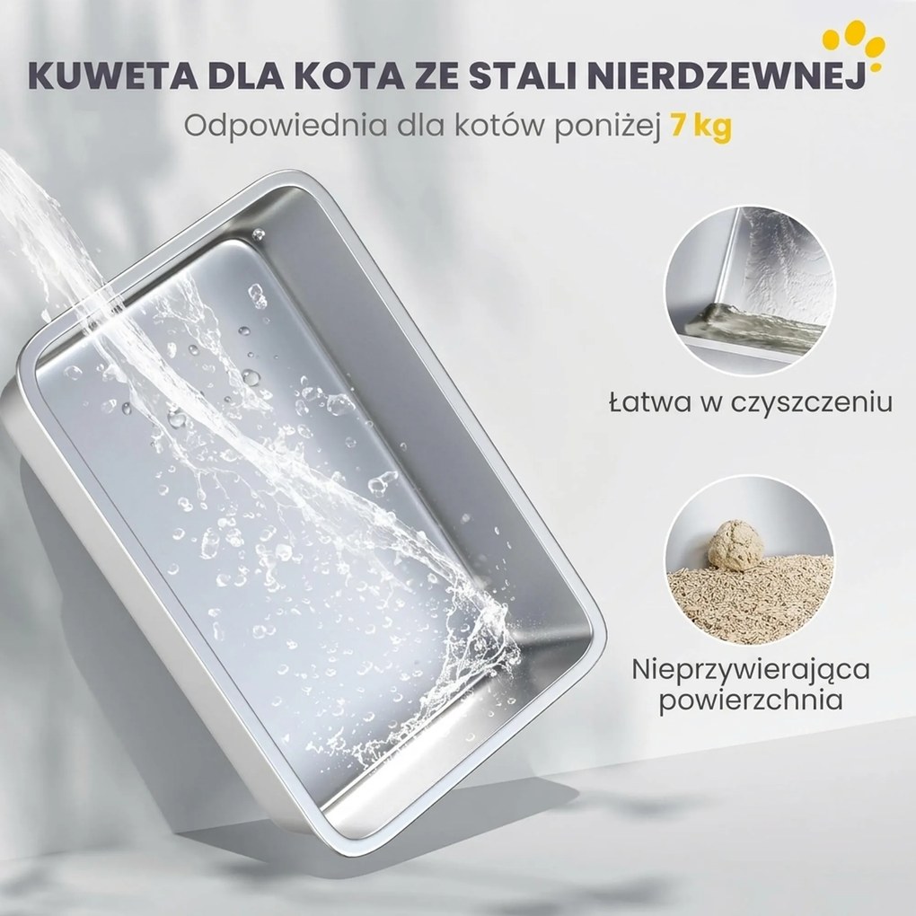 PawHut Toaleta dla kotów, kocie WC z pokrywą, łopatka do żwiru, wejście z przodu i wyjście na górze, stal nierdzewna do 15 kg