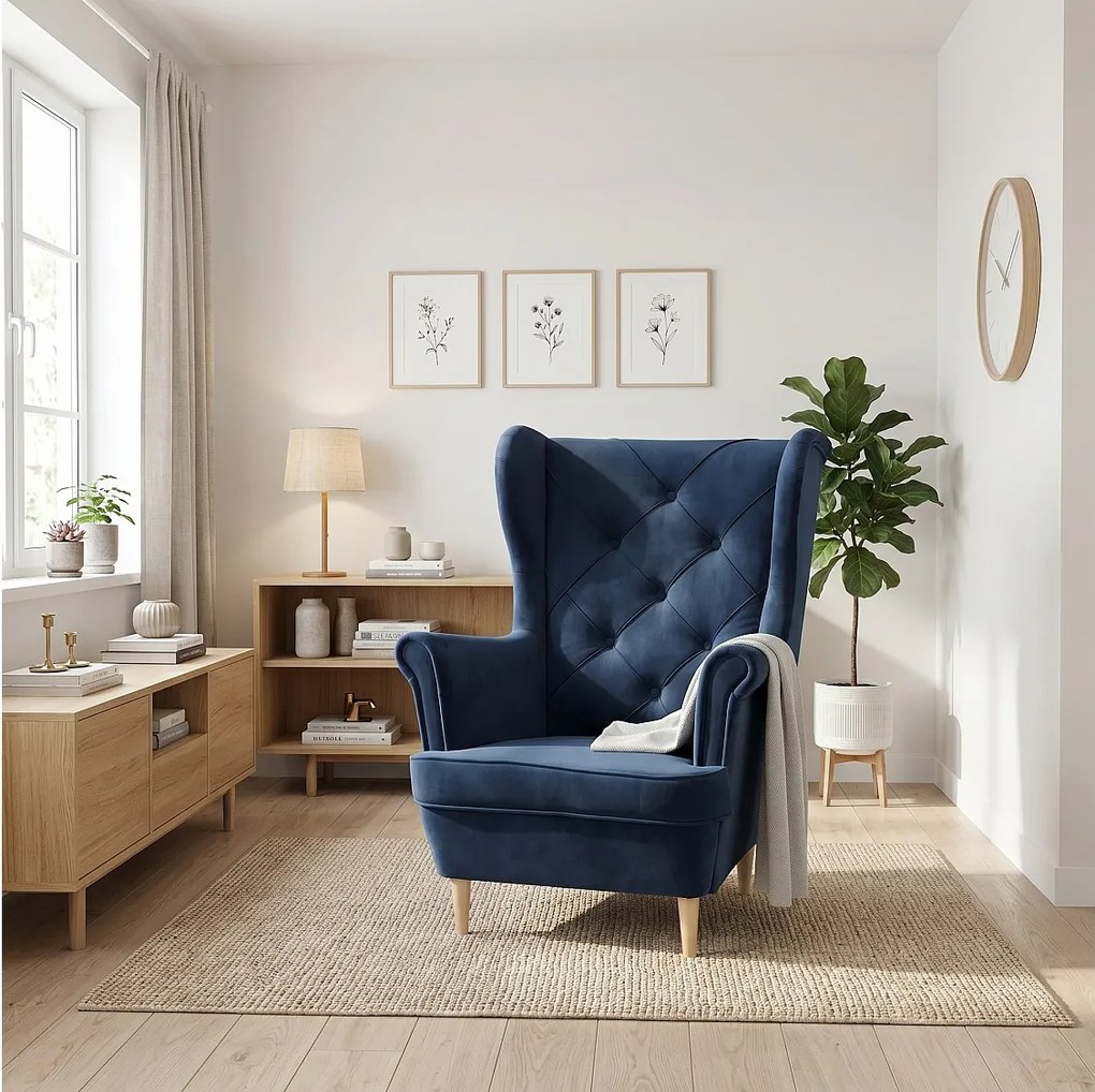 Fotel uszak YORK – elegancki fotel wypoczynkowy w tkaninie MONOLITH 77 granatowej