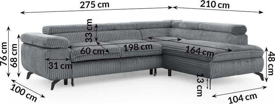 Szary sztruksowy narożnik (prawostronny/w kształcie litery L) Marbeya – Ropez