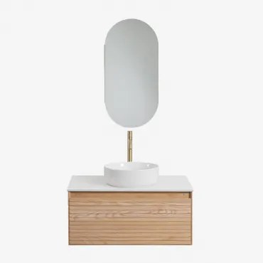 Zestaw Wiszących Mebli Łazienkowych Z Drewna Jesionowego Tedrik Popielaty Brąz & Okrągły Ceramiczny Biały Ø40 Cm - Sklum