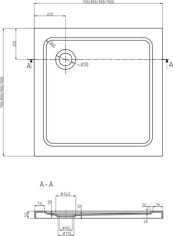 Mexen Flat brodzik kwadratowy slim 70 x 70 cm, biały, syfon złoty - 40107070G