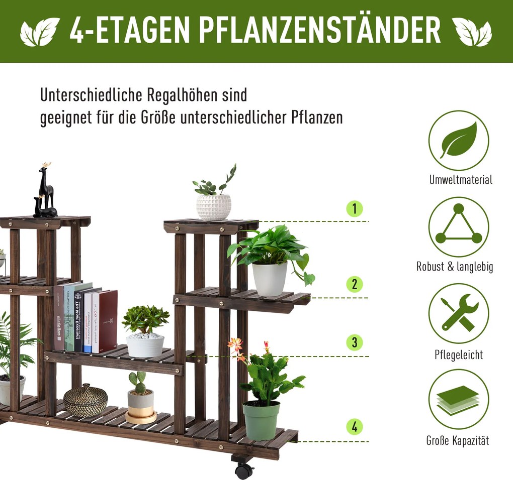 Outsunny Regał na Rośliny Drewniany Czteropoziomowy Kwietnik Karbonizowane Drewno Stojak na Kwiaty do Ogrodu | Aosom PL