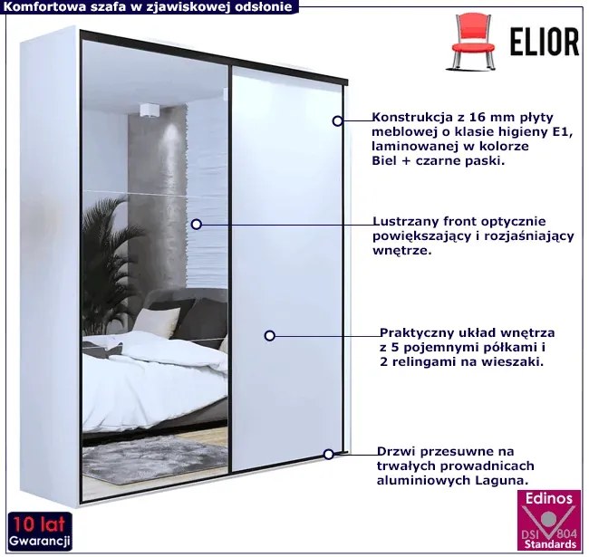 Szafa z lustrem biała + czarne paski - Estori 3X