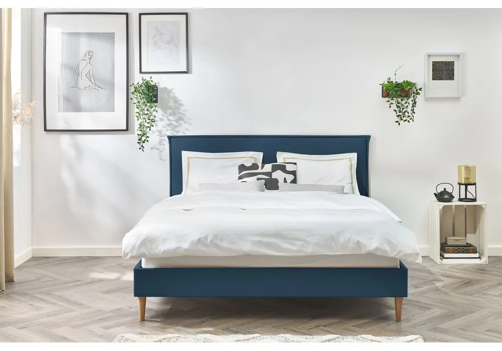 Niebieske tapicerowane łóżko dwuosobowe ze stelażem 160x200 cm Sary – Bobochic Paris