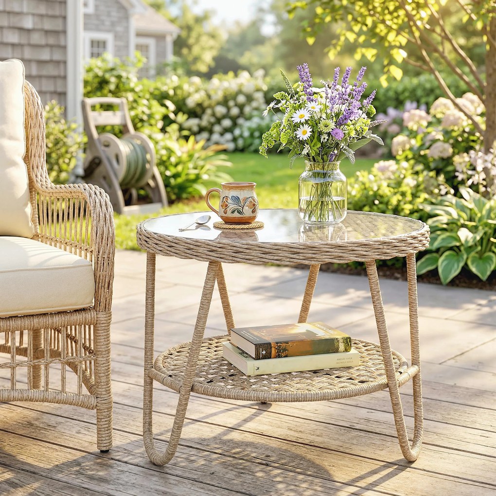 Outsunny Stolik boczny z rattanu PE, dwupoziomowy stolik kawowy z półką, szkło, regulowane nóżki, 65 x 65 x 50 cm, żółty | Aosom PL