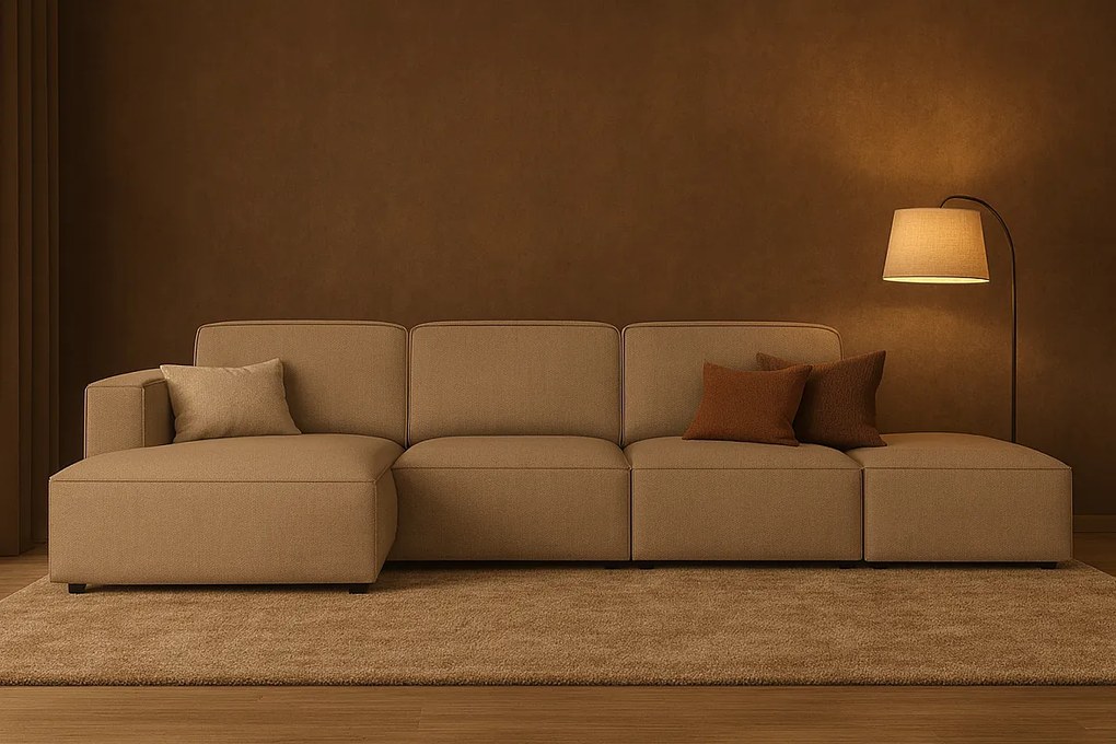 Narożnik modułowy Cursal C lewy z pufą – sofa narożna 341 x 166 x 70 cm,  beżowy Raven 30, nowoczesny design