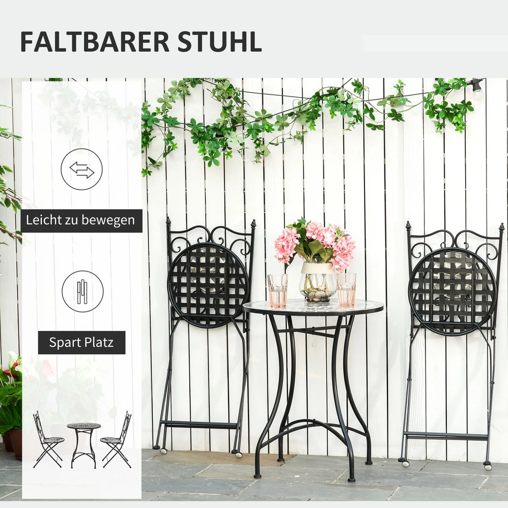 Outsunny Garten Sitzgruppe 3-teilige Mosaiktisch Essgruppe Gartenmöbel-Set 1 Tisch+2 faltbare Stühle Garten Metall Keramikfliese Mehrfarbing | Aosom.pl