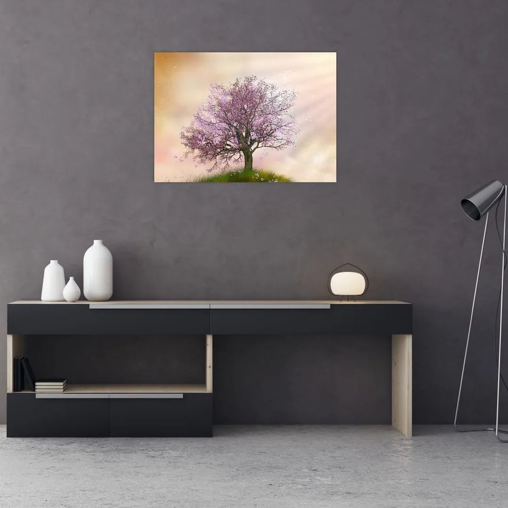 Obraz kwitnącego drzewa na szczycie wzgórza (70x50 cm)