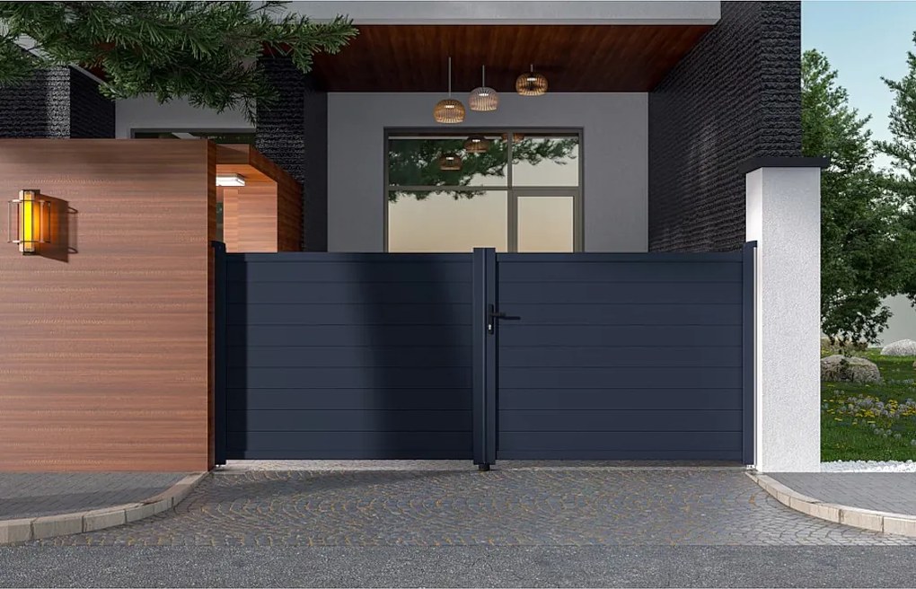 Brama wjazdowa rozwierna NAZARIO, pełna, z aluminium w kolorze antracytowym – 392 × 158 cm (szer. × wys.)