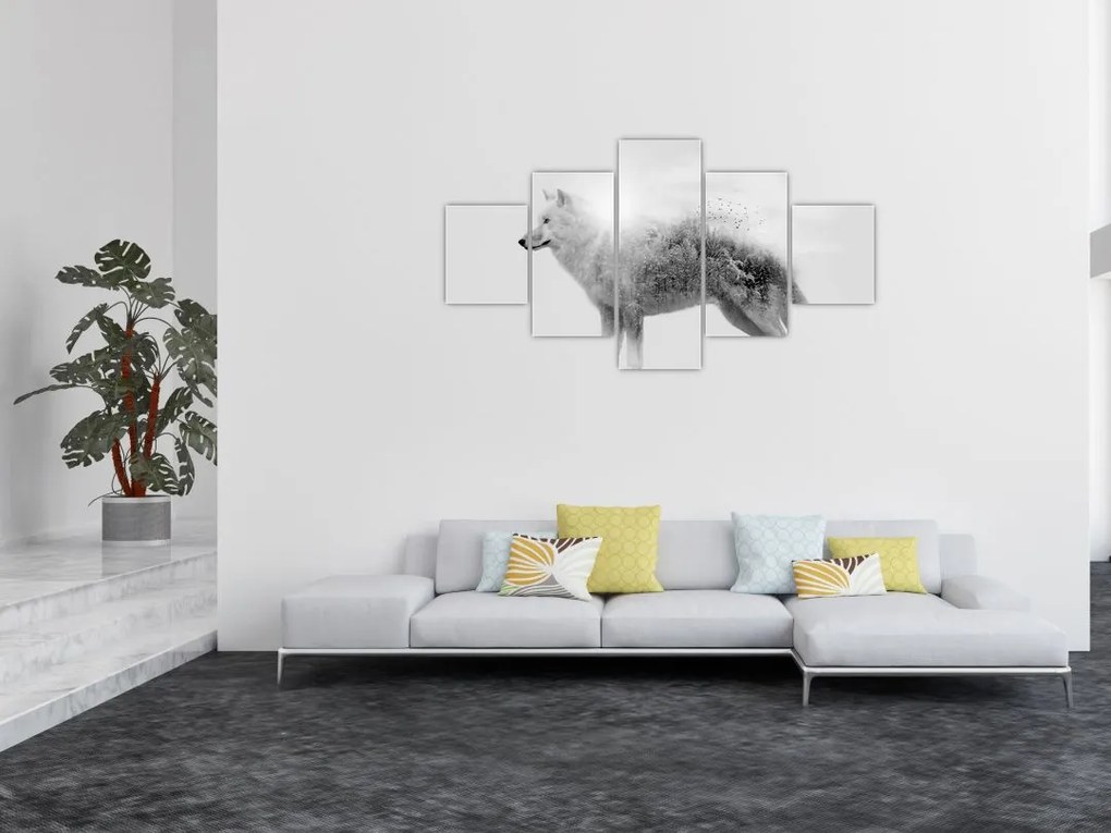 Obraz - Wilk arktyczny odzwierciedla dziki krajobraz (125x70 cm)
