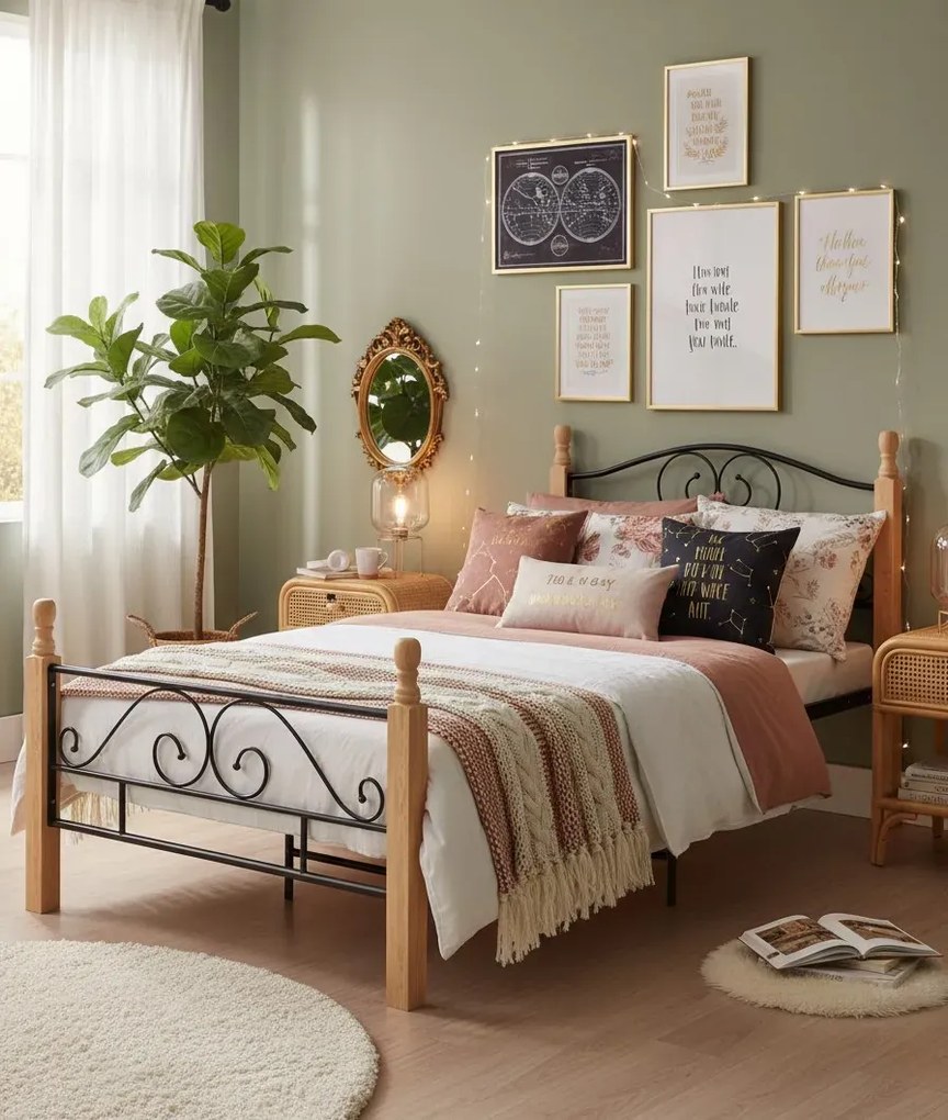 Metalowe Łóżko Czarny Jednoosobowe + Jasny Dąb 90X200 Cm E6-T56