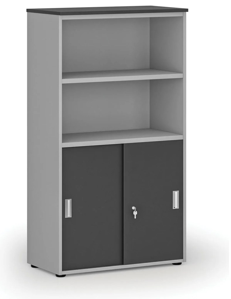Szafa biurowa kombinowana PRIMO GRAY, drzwi przesuwne na 2 poziomach, 800 x 420 x 1434 mm, szary/grafit