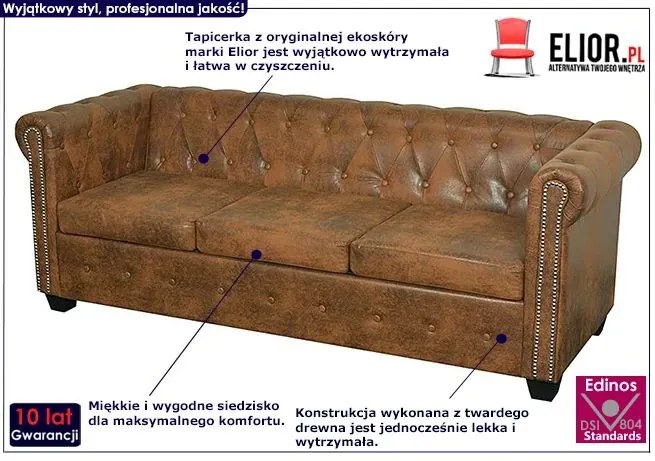 3-osobowa brązowa sofa w stylu Chesterfield - Charlotte 3Q