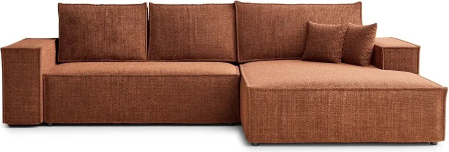 Rozkładany narożnik ze schowkiem z tkaniny szenilowej (prawostronny/z szezlongiem) w kolorze miedzi Maze – Maison de Rêve