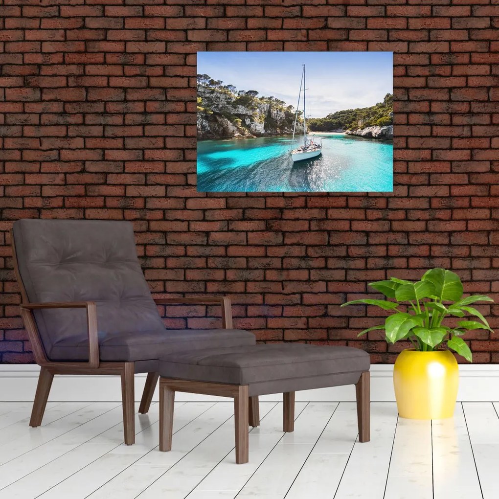 Obraz na szkle - Plaża z żaglówką (70x50 cm)