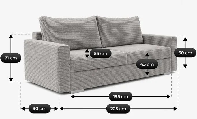 Sofa z Funkcją Spania DRAVOS Szara Sztruksowa Japandi