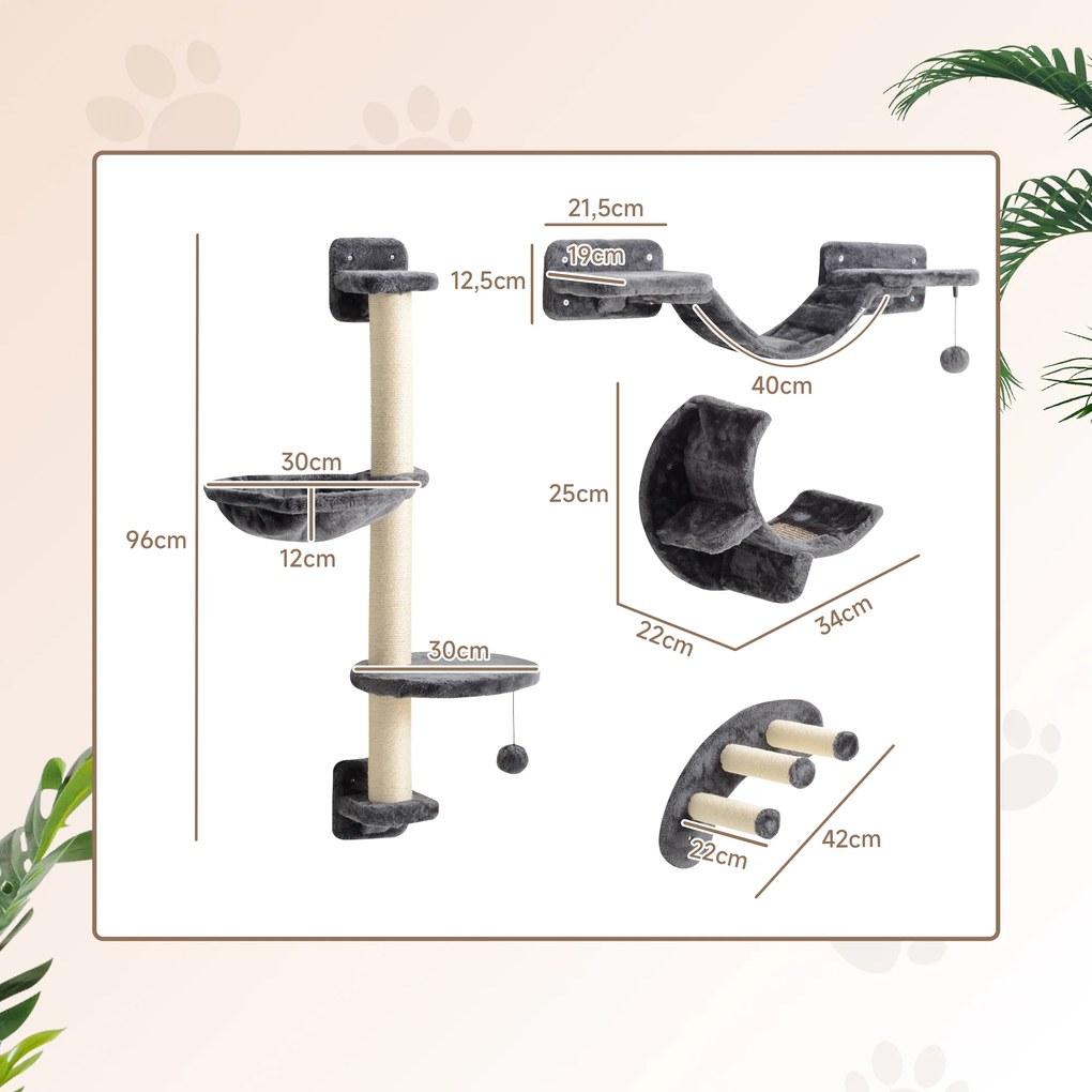 PawHut 4-częściowy zestaw drabinek dla kotów z hamakiem i mostkiem do 5 kg, ciemnoszary