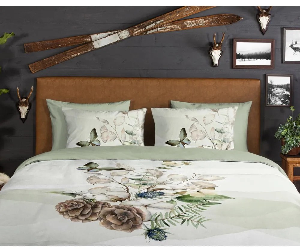 Zielono-kremowa flanelowa pościel dwuosobowa 200x220 cm Marjan – Good Morning