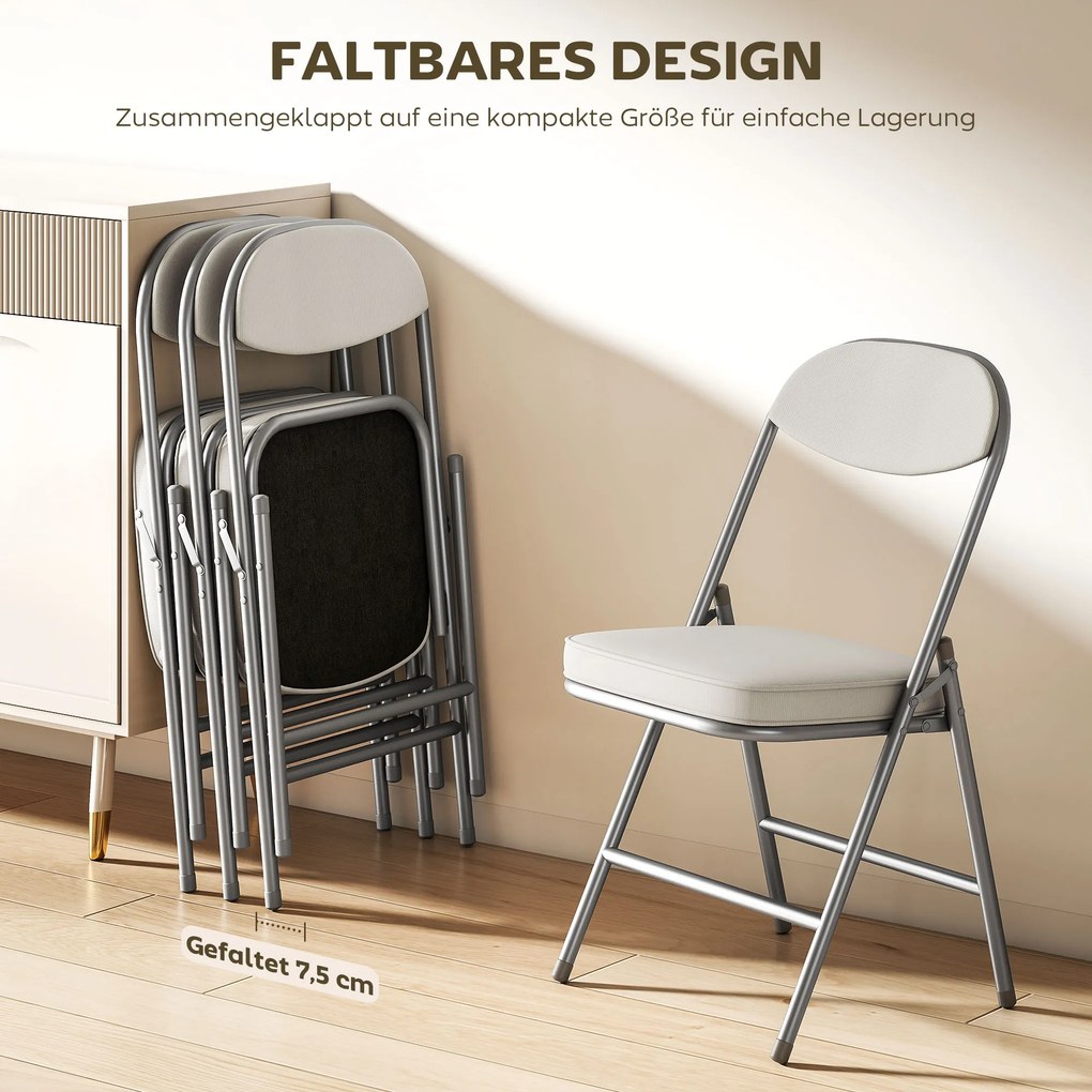 HOMCOM Zestaw 4 Wyściełanych Krzeseł Składanych, Foteliki z Pokryciem Sztruksowym, Oparcie, Stalowe Ramię, Kremowy