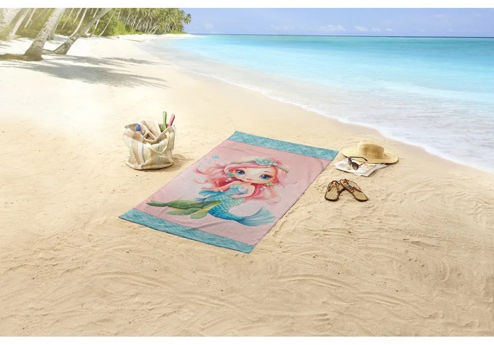 Niebieski/różowy aksamitny ręcznik plażowy dla dzieci 75x150 cm Alisse – Good Morning