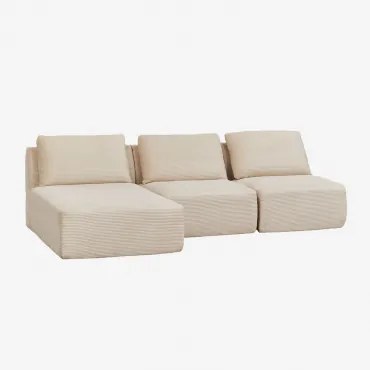 Sofa Modułowy Z Lewym Szezlongiem, 3-częściowy, Z Weluru, Pakowany Próżniowo Temple Len Aksamit Beż Lniany - Sklum