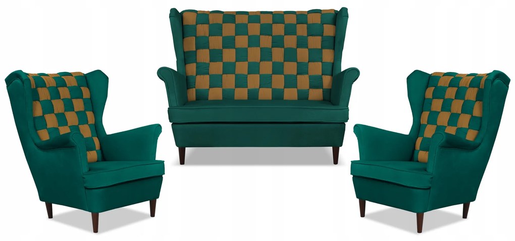 Zestaw uszak CAROL DUO sofa fotele Family Meble zielono - brązowy