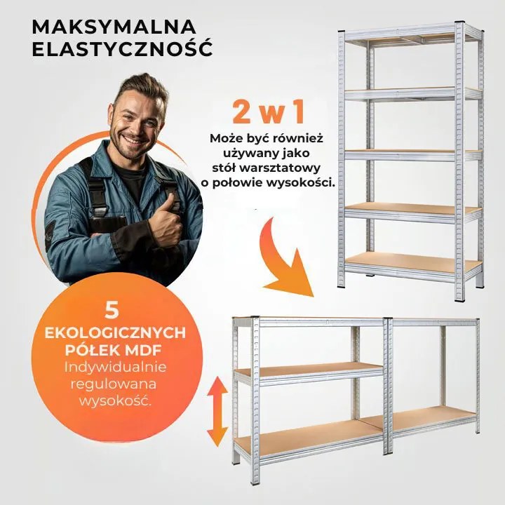 Regał o dużej nośności HEAVY, maks. 875kg, 90x40x180cm, srebrna Jurhan