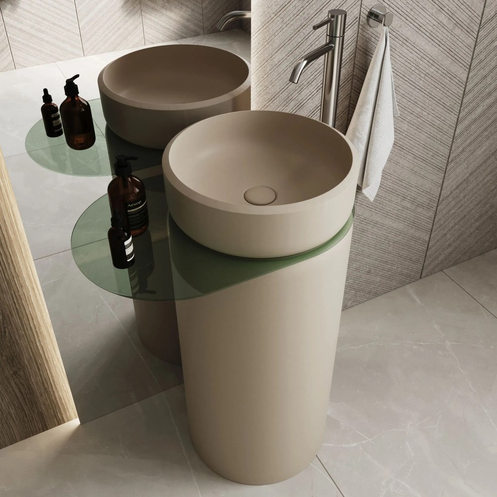 Umywalka z konglomeratu wolnostojąca okrągła z półką szklaną 85 x 40 cm RONA bez przelewu | Różne kolory półki : Kolor szkła - Zielony, Kolor umywalki RONA - Beż połysk, Półka - Szklana