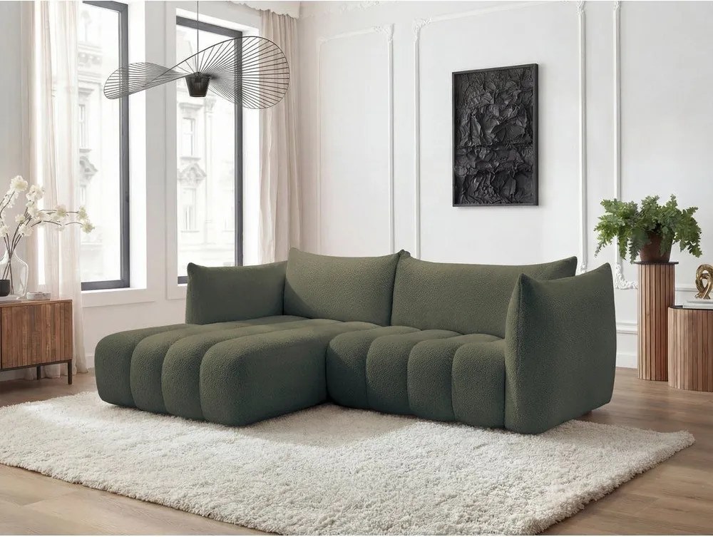 Zielony narożnik z materiału bouclé (lewostronny/z szezlongiem) Azra – Bobochic Paris