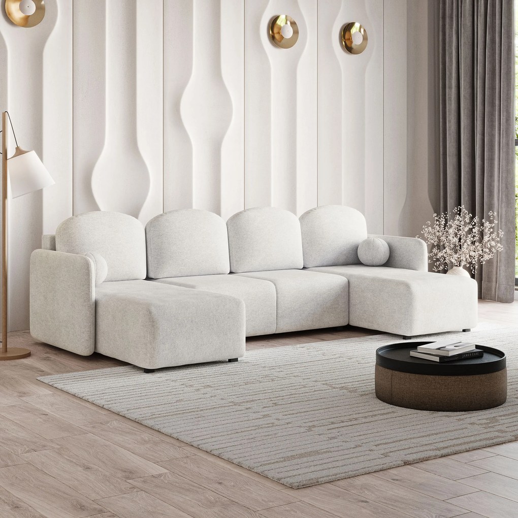 Masseno Narożnik NUBERO z funkcją spania i pojemnikiem na pościel Narozniki U, Rozkładana sofa - Kremowy, NEVE 02