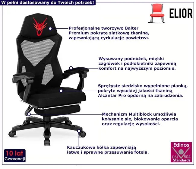 Fotel Gamingowy Czarny Nowoczesny Z Podnóżkiem K4-F09