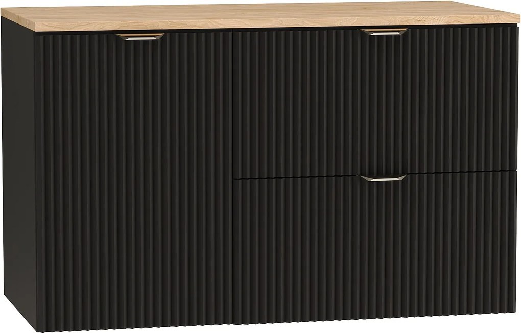 Czarny Zestaw do Łazienki 100cm Szafka Blat Orzech Szafka z Koszem Ryflowane Fronty