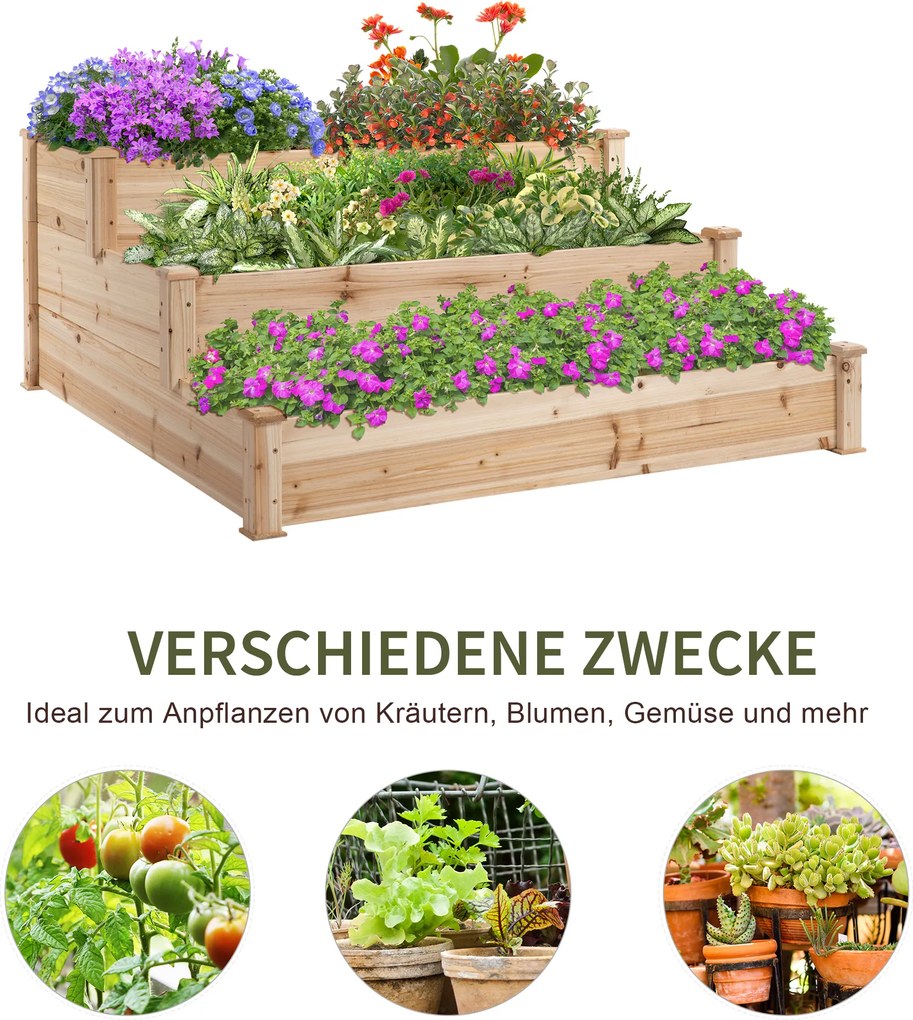 Outsunny Podwyższona Grządka Drewniana 3Poziomowa Rabata Ogrodowa 124x124x56cm Naturalne Drewno | Aosom PL