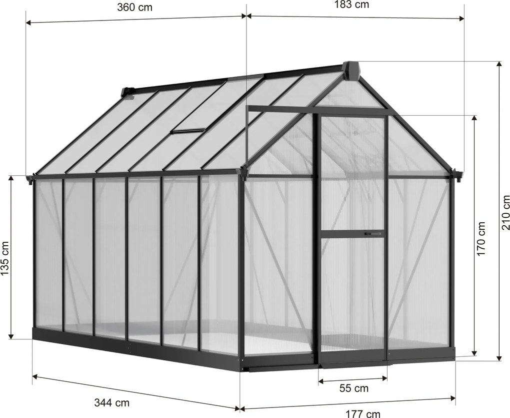Szklarnia 210 x 183 x 360 cm, wzmocniona konstrukcja, poliwęglan 6 mm
