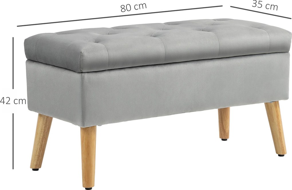 HOMCOM Tapicerowana ławka z miejscem do przechowywania, pokrycie z aksamitu, nogi z drewna, do salonu, sypialni, przedpokoju, 80 x 35 x 40 cm, Szary
