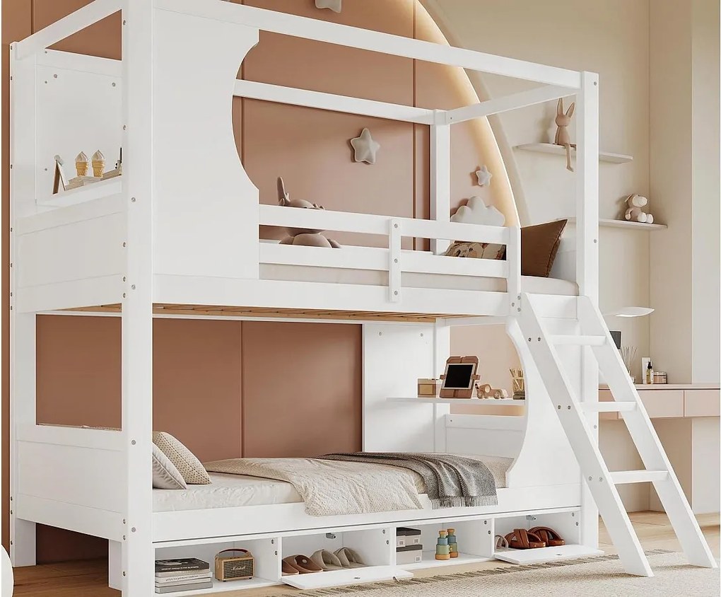 Łóżko piętrowe 90×200 cm - z drabiną bezpieczeństwa - 4-przedziałowa szafka na buty - z półkami - Drewno lite + MDF - biały